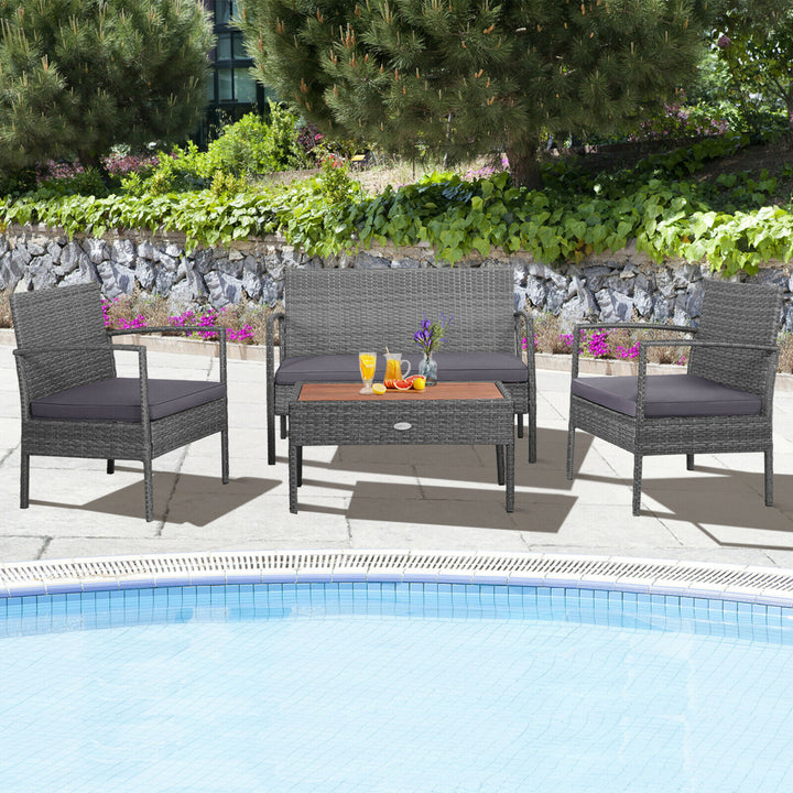 8PCS Rattan Patio Conversation Furniture Set w/ Acacia Wood Tabletop and Cushions Image 3