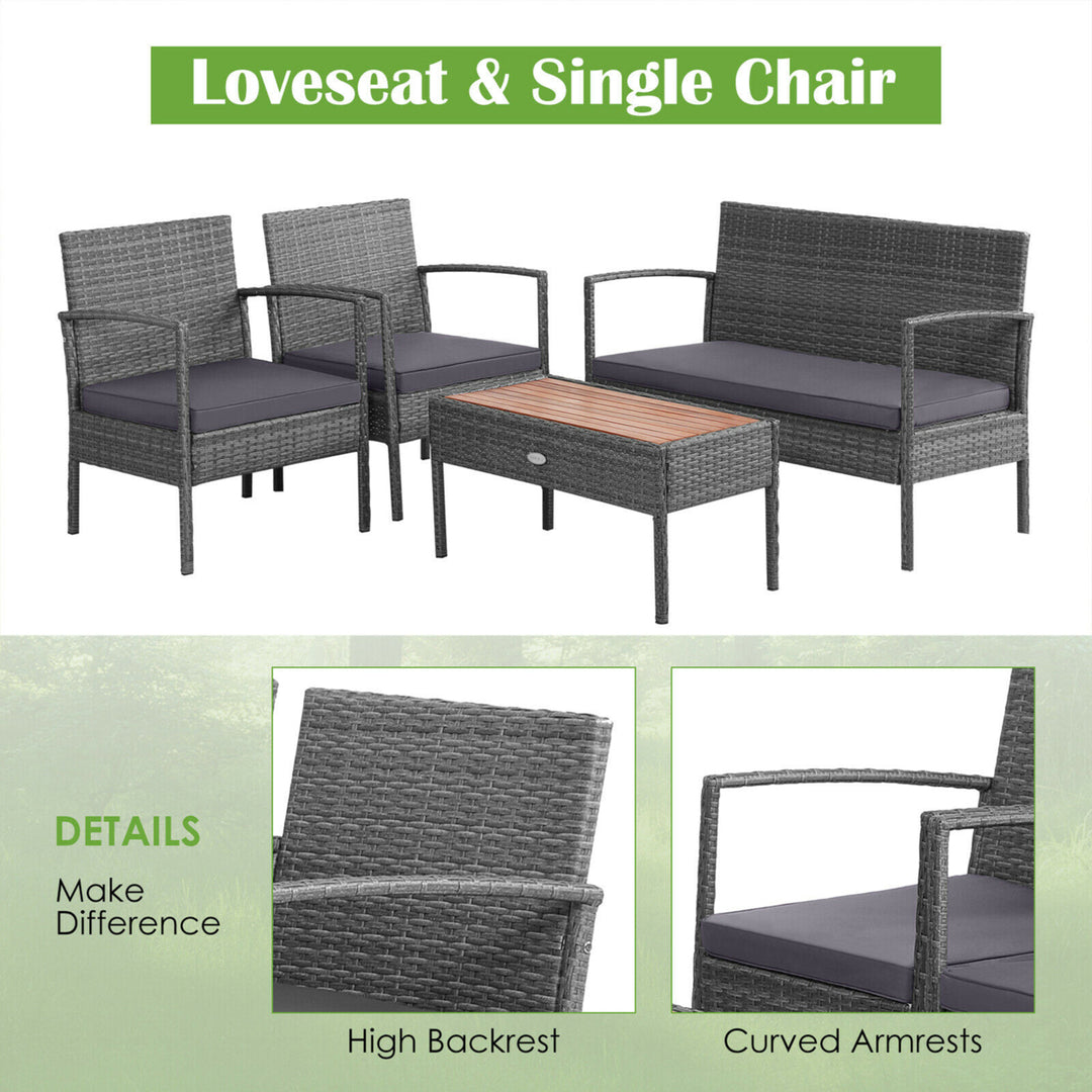 8PCS Rattan Patio Conversation Furniture Set w/ Acacia Wood Tabletop and Cushions Image 4