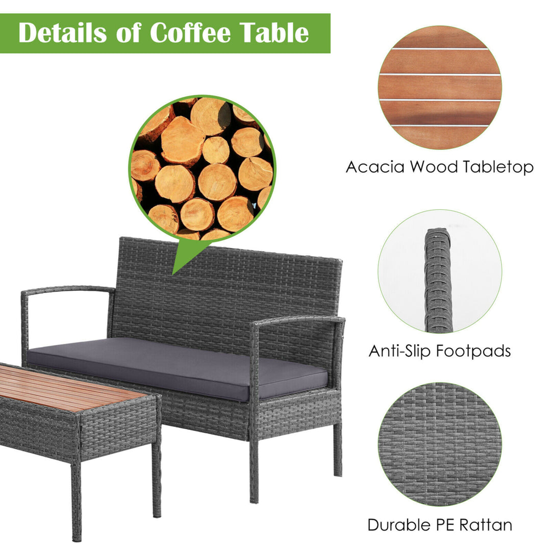 8PCS Rattan Patio Conversation Furniture Set w/ Acacia Wood Tabletop and Cushions Image 5