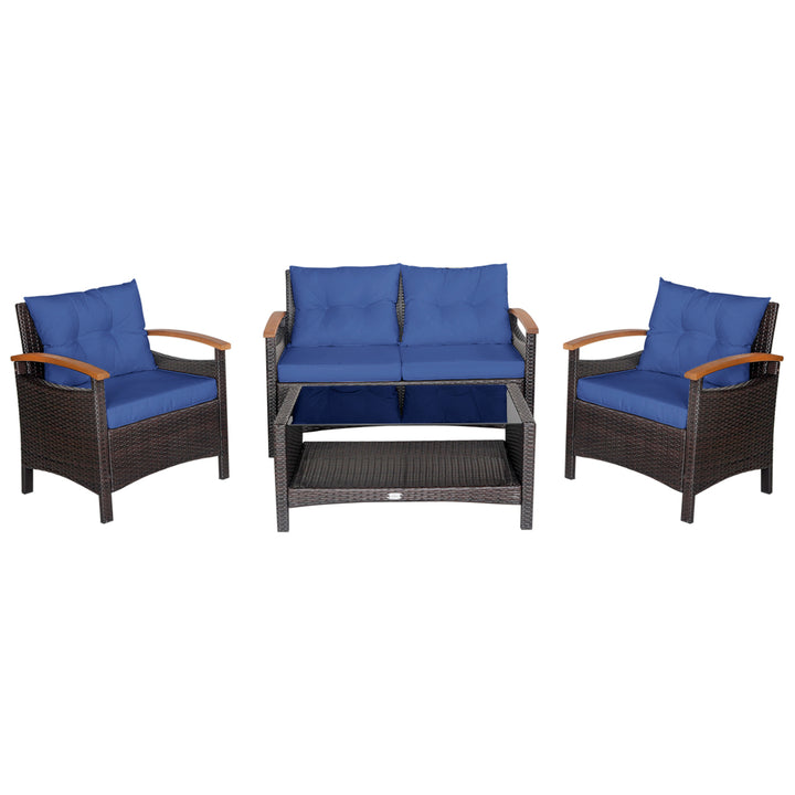 4-Piece Patio Rattan Furniture Set w/ Cushioned Sofa and Coffee Table Navy Image 9