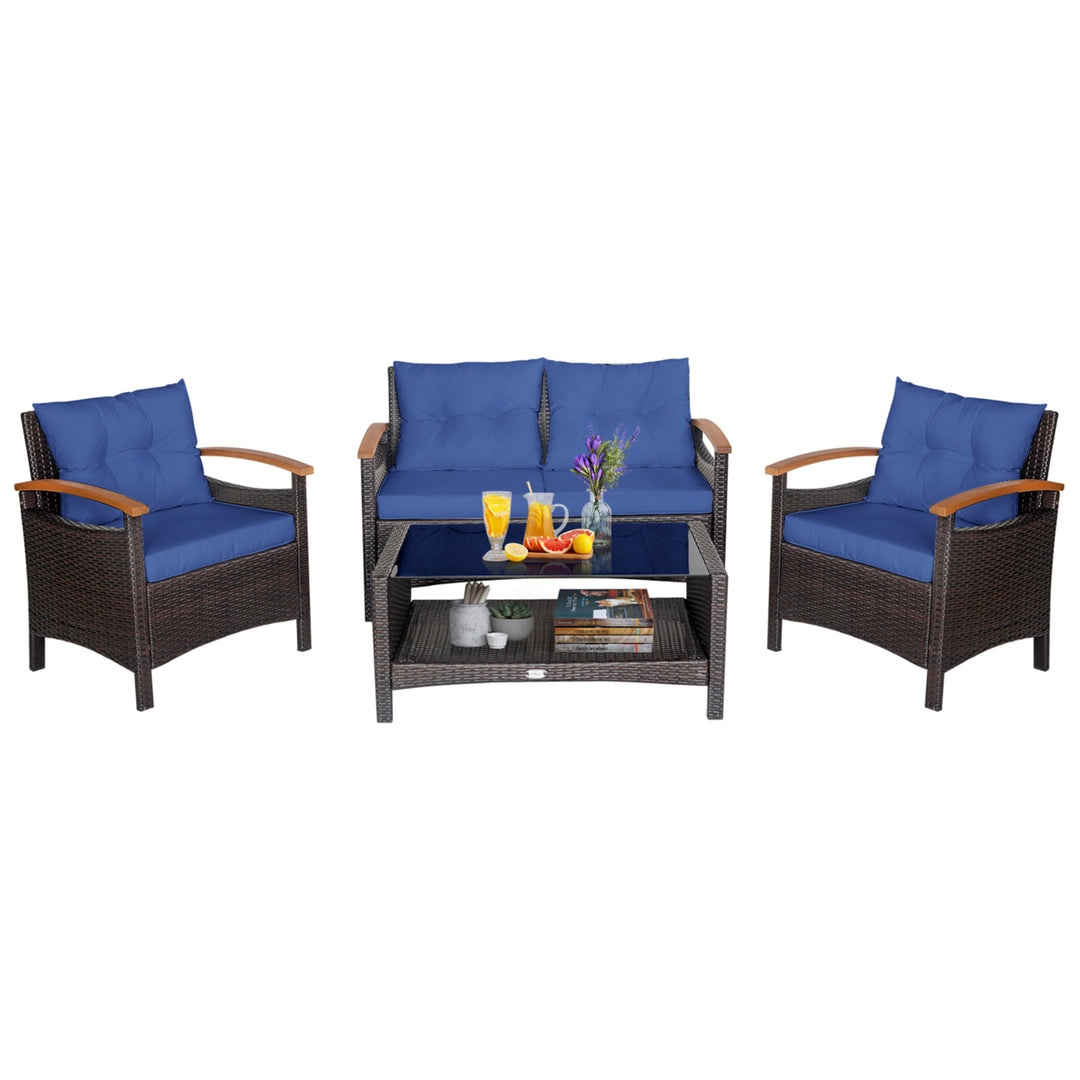 4-Piece Patio Rattan Furniture Set w/ Cushioned Sofa and Coffee Table Navy Image 10