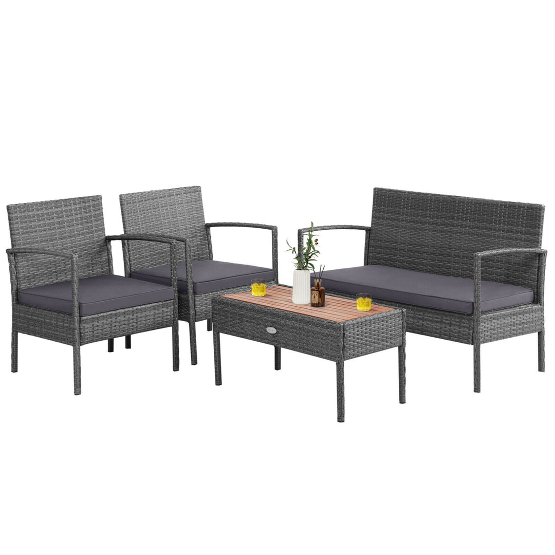 8PCS Rattan Patio Conversation Furniture Set w/ Acacia Wood Tabletop and Cushions Image 7