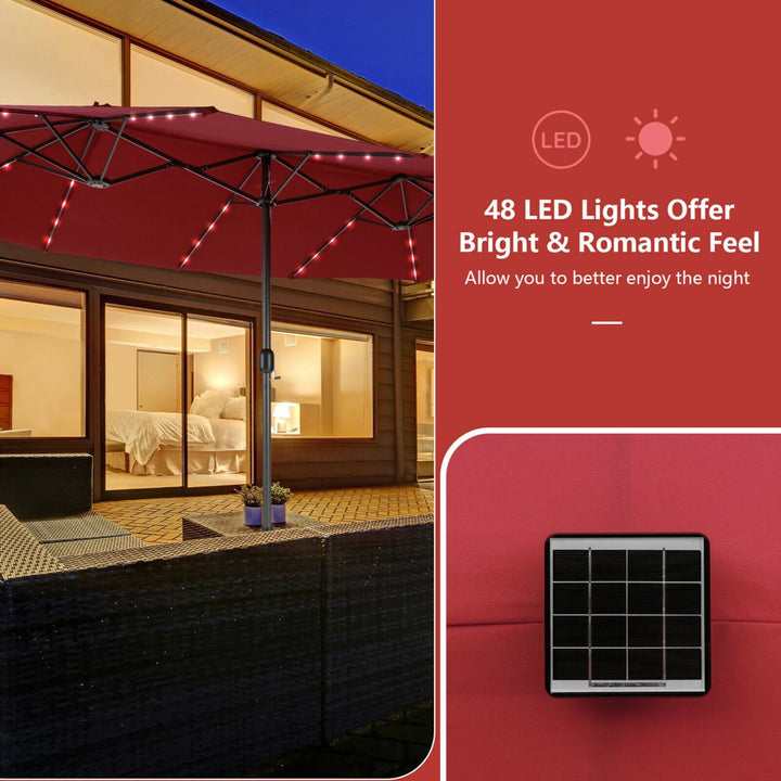 Outdoor 15 Double-Sided Patio Umbrella 48 Solar LED Lights Crank and Base Image 3