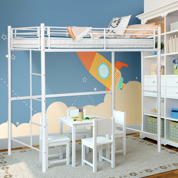 Twin Metal Loft Bed Frame w/ 2 Ladders Full-length Guardrail Space-Saving Image 3