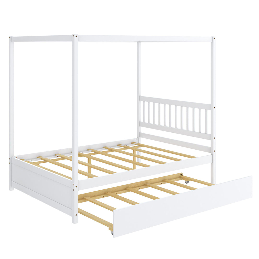 Full Size Canopy Bed with Trundle Wooden Platform Bed Frame Headboard Image 1