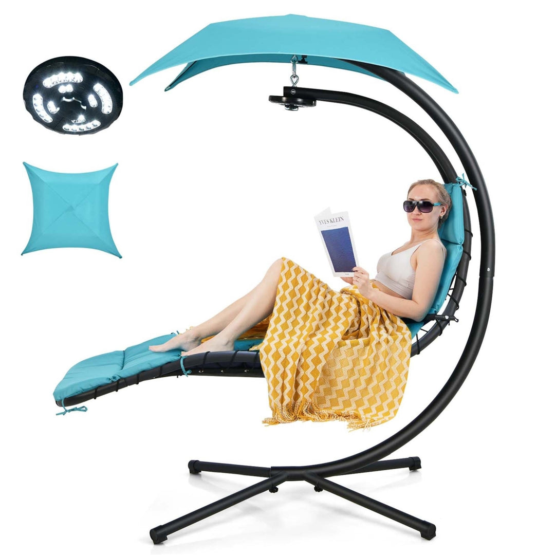 Hanging Chaise Lounge Curved Steel Patio Hammock Swing Chair w/ Overhead Light Image 1