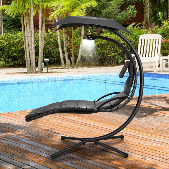 Hanging Chaise Lounge Curved Steel Patio Hammock Swing Chair w/ Overhead Light Image 3