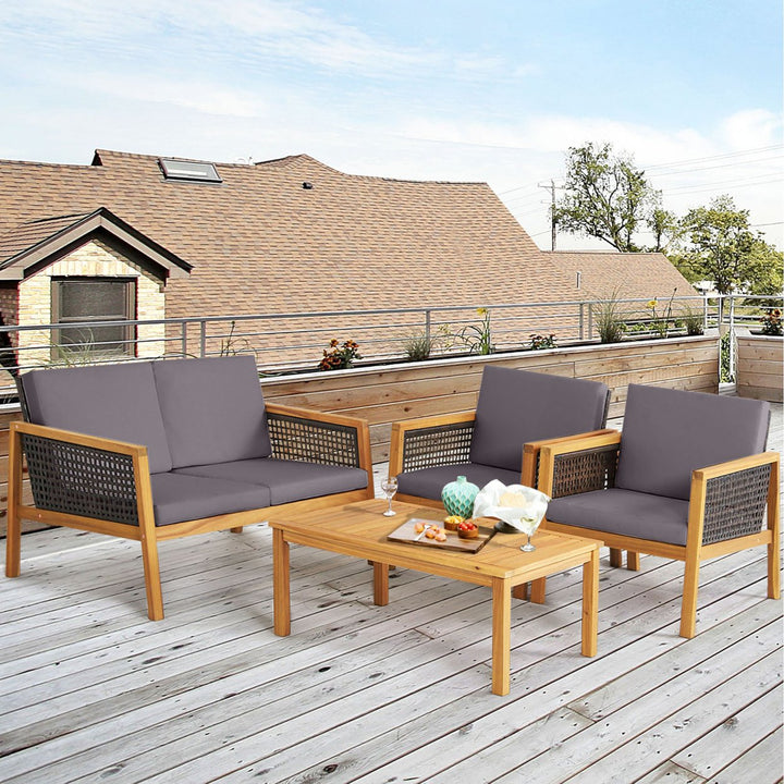 8PCS Patio Conversation Acacia Wood Furniture Set PE Rattan Conversation Set w/ Grey Cushions Image 5