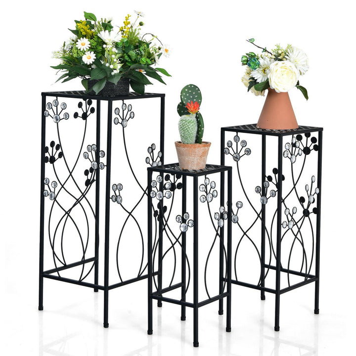 3 Pcs Metal Plant Stand Set Plant Pot Holder w/Crystal Floral Accents Square Image 1