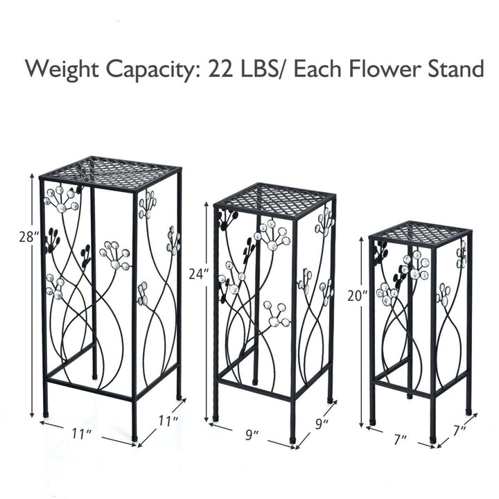 3 Pcs Metal Plant Stand Set Plant Pot Holder w/Crystal Floral Accents Square Image 2