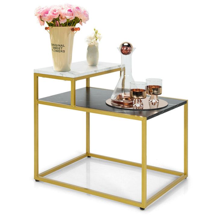 2 Tier End Side Table Metal Frame Nightstand with Storage Shelf Living Room Image 9