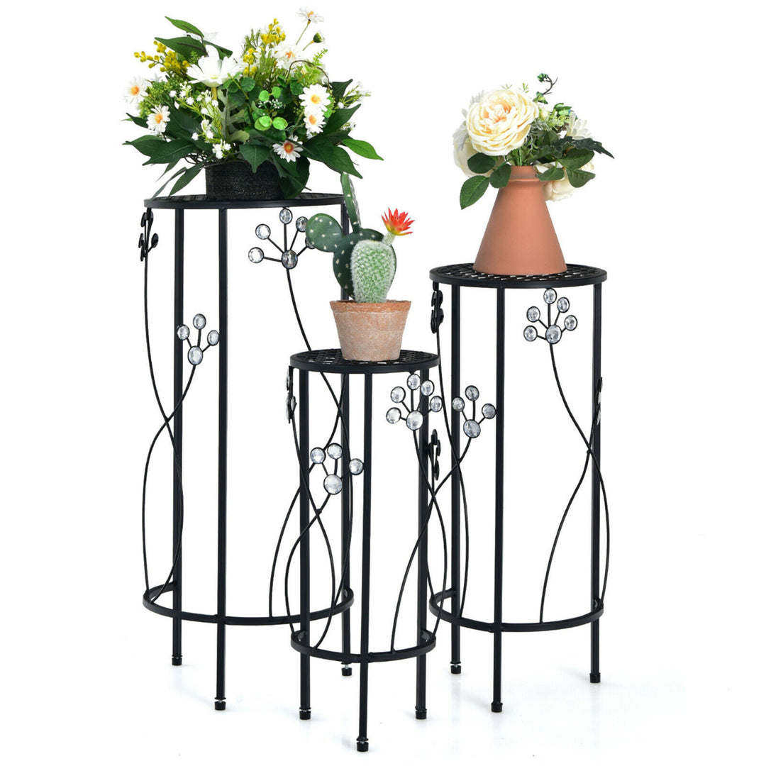 3 Pcs Metal Plant Stand Set Plant Pot Holder w/Crystal Floral Accents Round Image 1