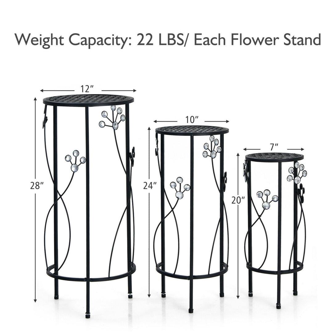 3 Pcs Metal Plant Stand Set Plant Pot Holder w/Crystal Floral Accents Round Image 2