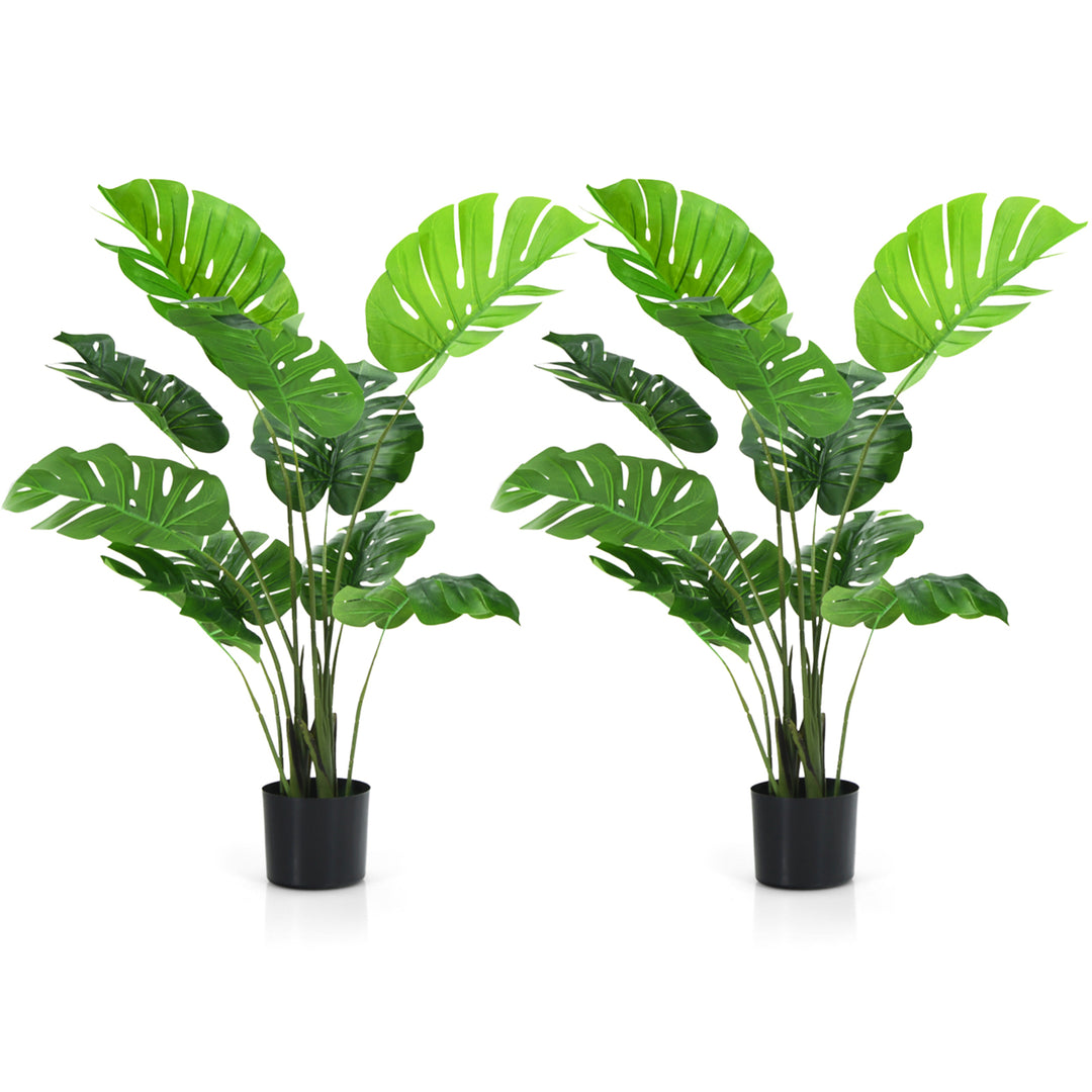 2 Pack Artificial Monstera Deliciosa Tree 4ft Faux Plant w/ Cement-Filled Pot Image 1