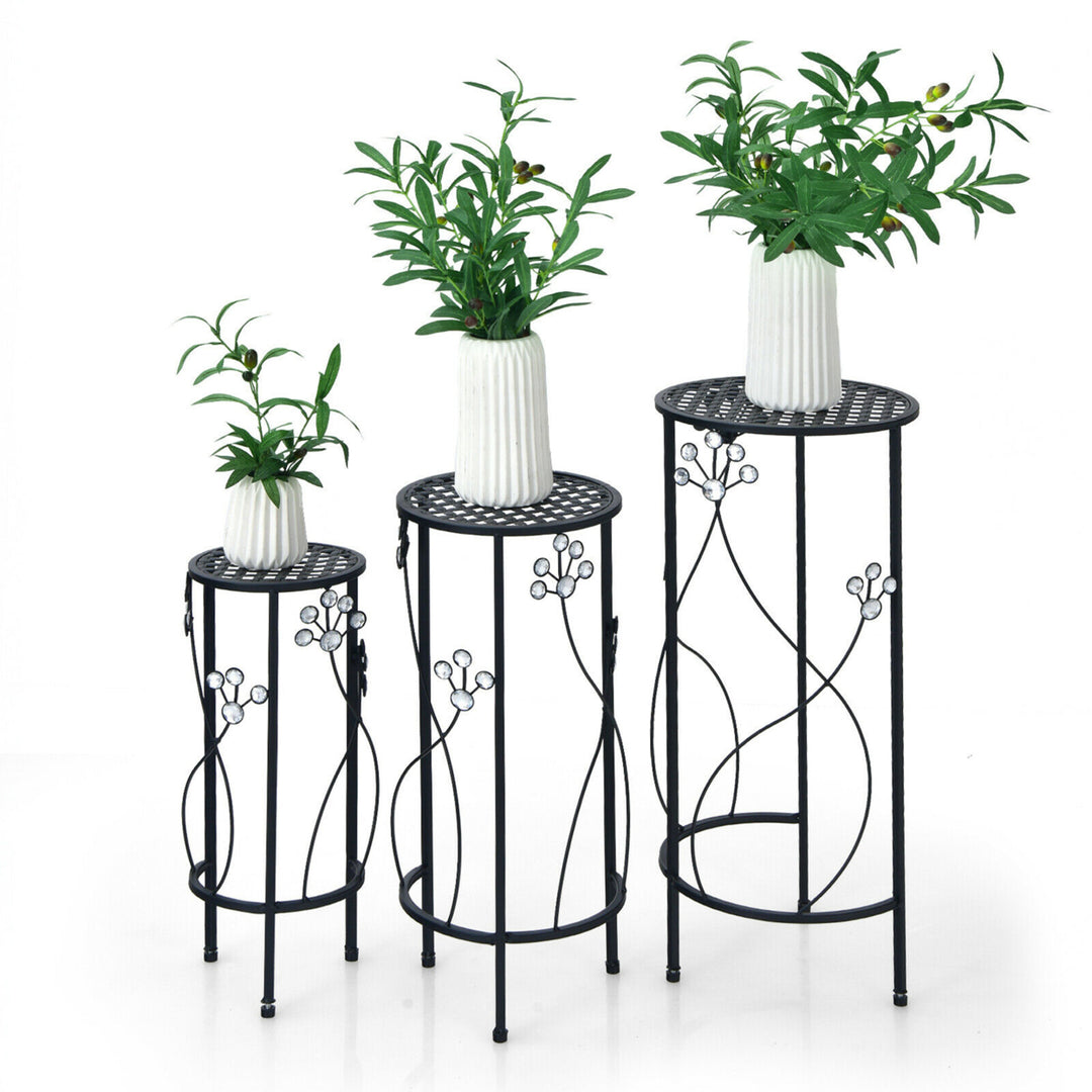 3 Pcs Metal Plant Stand Set Plant Pot Holder w/Crystal Floral Accents Round Image 8