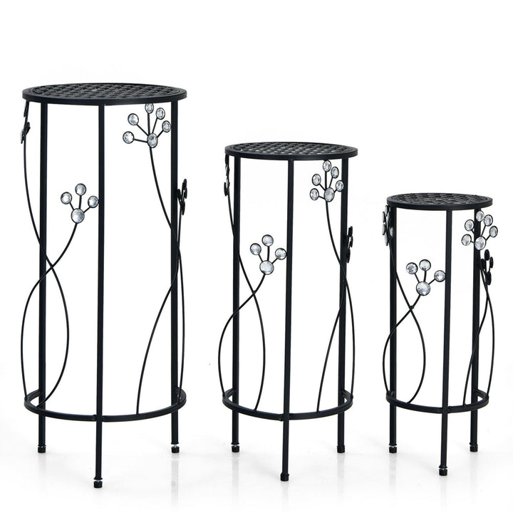 3 Pcs Metal Plant Stand Set Plant Pot Holder w/Crystal Floral Accents Round Image 9