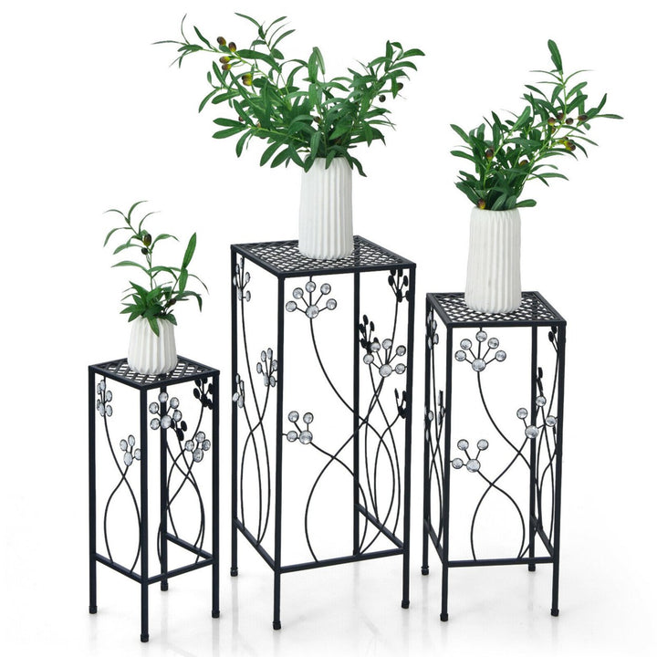 3 Pcs Metal Plant Stand Set Plant Pot Holder w/Crystal Floral Accents Square Image 8