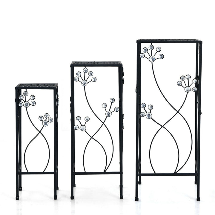 3 Pcs Metal Plant Stand Set Plant Pot Holder w/Crystal Floral Accents Square Image 9