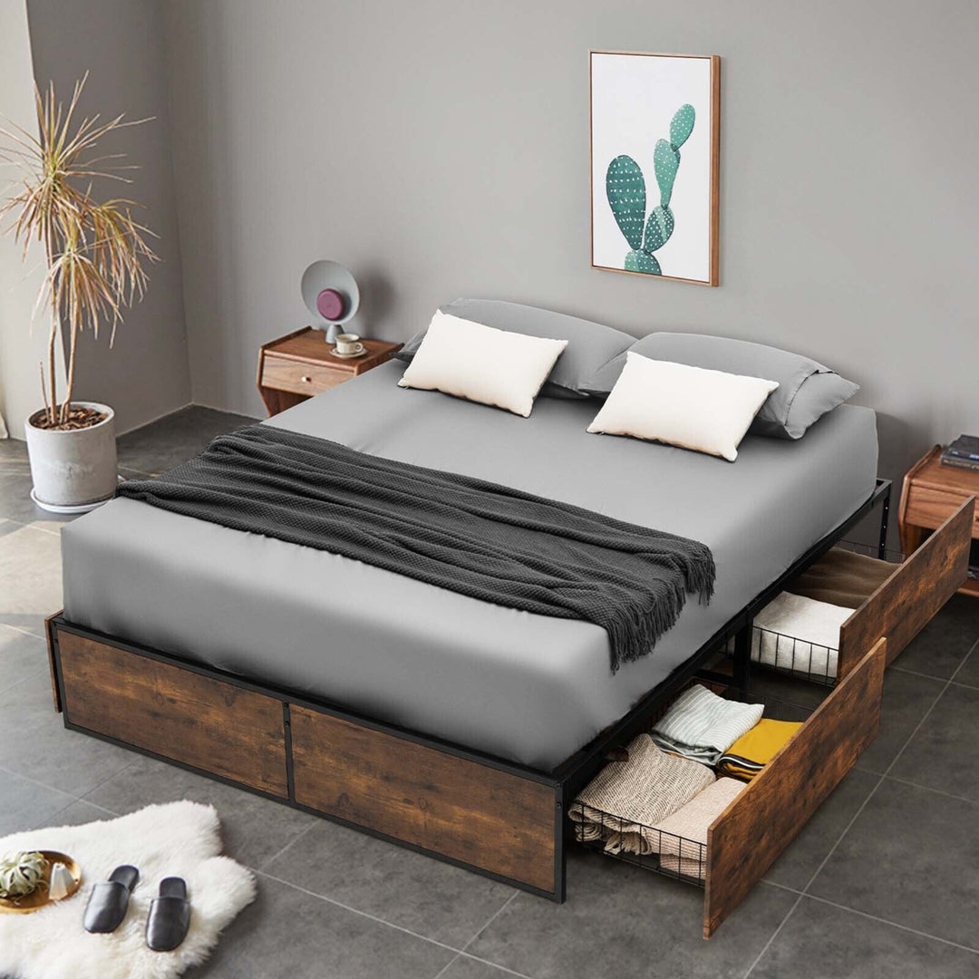 Full Industrial Metal Platform Bed Frame with 4 Drawers Wooden Footboard Image 1