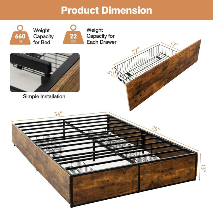 Full Industrial Metal Platform Bed Frame with 4 Drawers Wooden Footboard Image 3