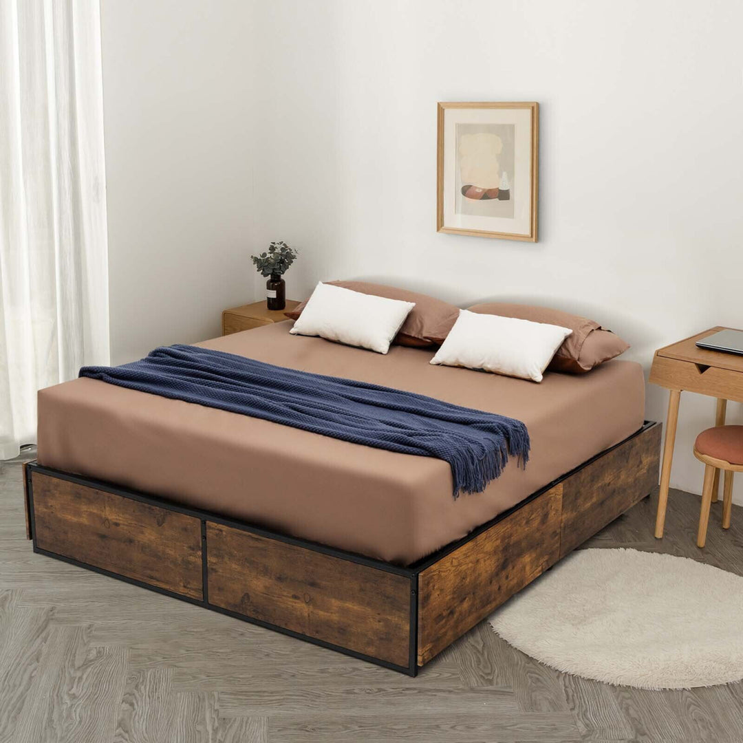 Full Industrial Metal Platform Bed Frame with 4 Drawers Wooden Footboard Image 9