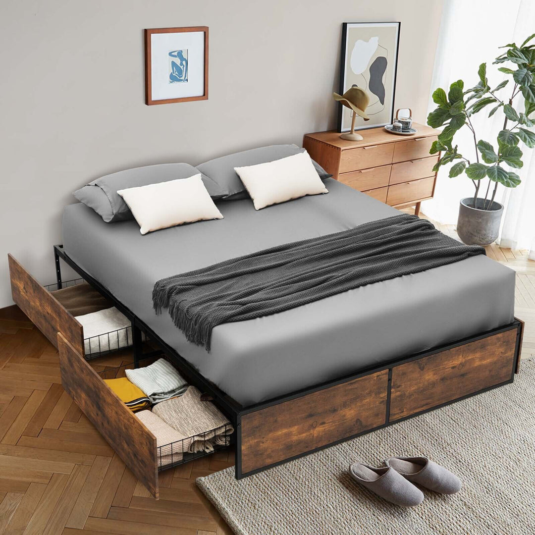 Full Industrial Metal Platform Bed Frame with 4 Drawers Wooden Footboard Image 4