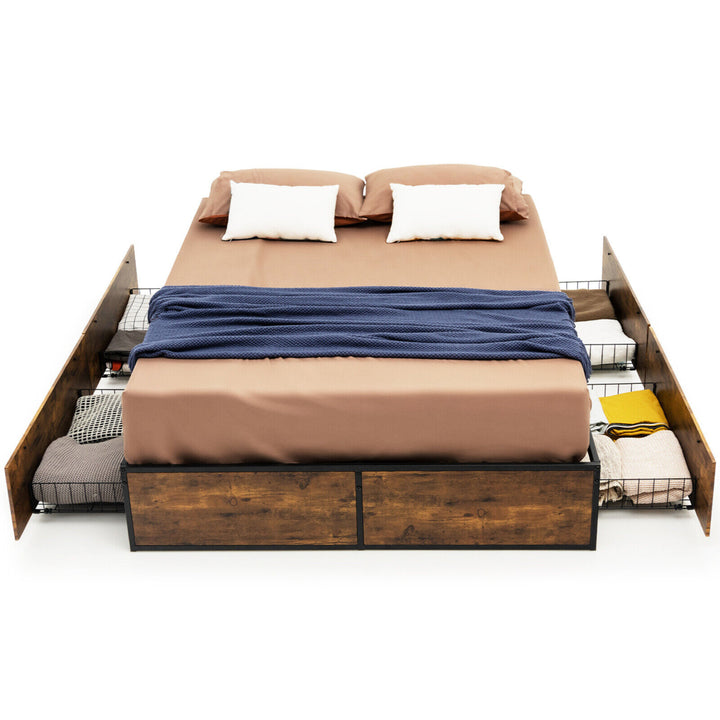 Full Industrial Metal Platform Bed Frame with 4 Drawers Wooden Footboard Image 8