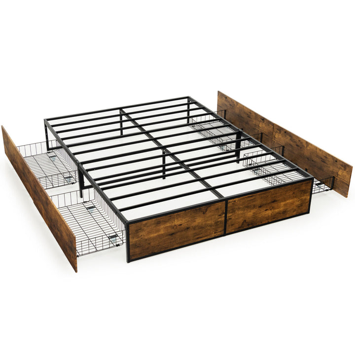 Full Industrial Metal Platform Bed Frame with 4 Drawers Wooden Footboard Image 2