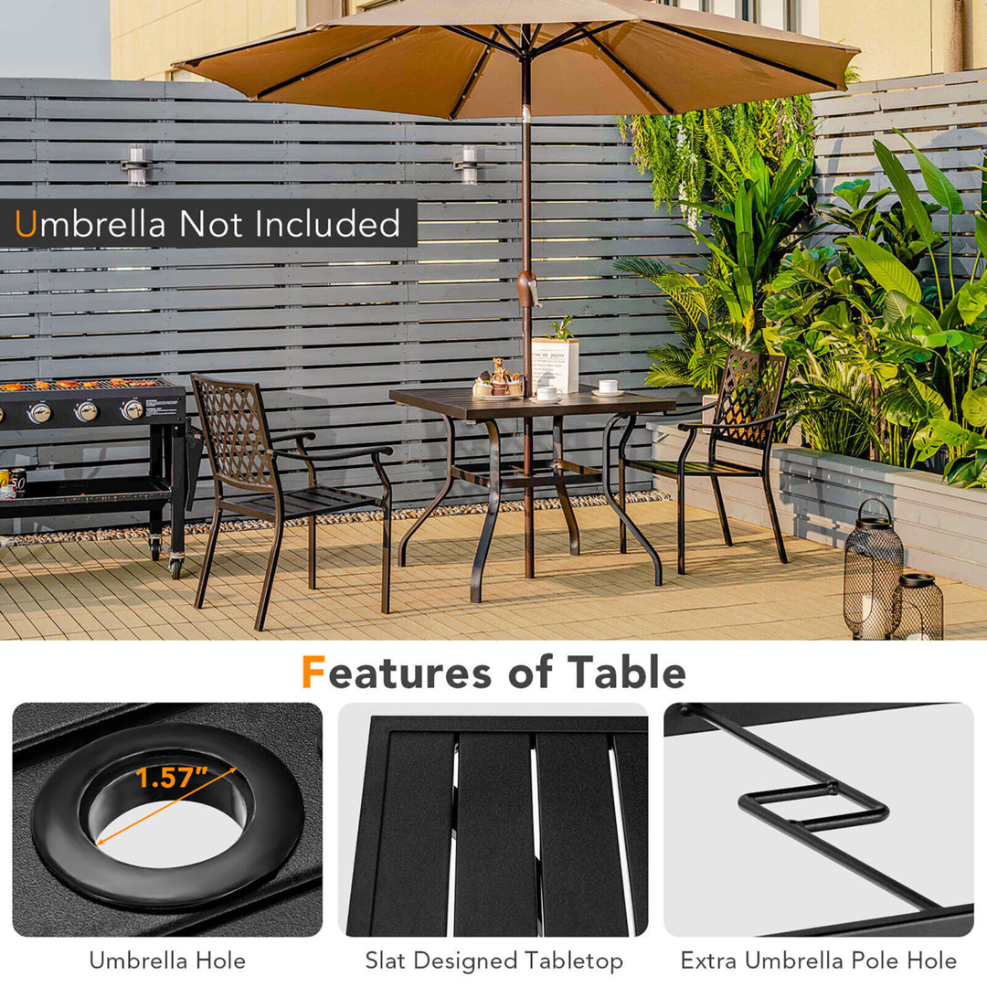 3PCS Patio Dining Set Stackable Chairs Armrest Table W/Umbrella Hole Image 4