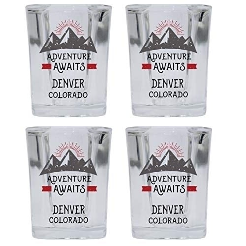 Denver Colorado Souvenir 2 Ounce Square Base Liquor Shot Glass Adventure Awaits Design 4-Pack Image 1