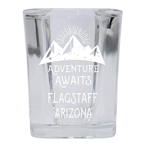 Flagstaff Arizona Souvenir Laser Engraved 2 Ounce Square Base Liquor Shot Glass 4-Pack Adventure Awaits Design Image 1