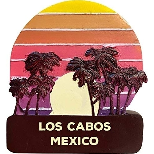 Los Cabos Mexico Trendy Souvenir Hand Painted Resin Refrigerator Magnet Sunset and Palm Trees Design 3-Inch Image 1