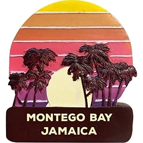 Montego Bay Jamaica Trendy Souvenir Hand Painted Resin Refrigerator Magnet Sunset and Palm Trees Design 3-Inch Image 1