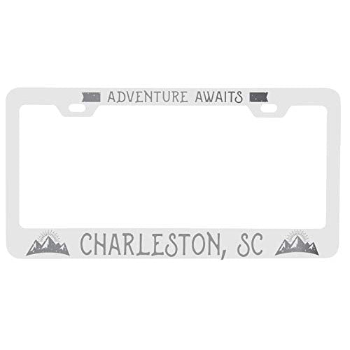 R and R Imports Charleston South Carolina Laser Engraved Metal License Plate Frame Adventures Awaits Design Image 1