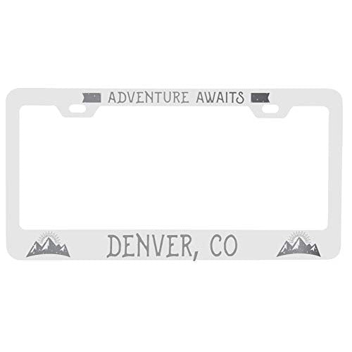 R and R Imports Denver Colorado Laser Engraved Metal License Plate Frame Adventures Awaits Design Image 1