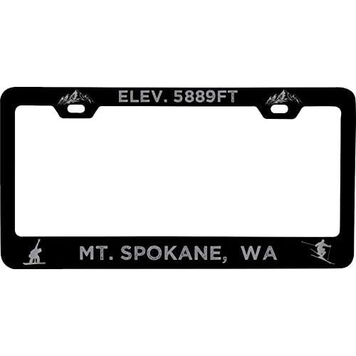 R and R Imports Mt. Spokane Washington Etched Metal License Plate Frame Black Image 1