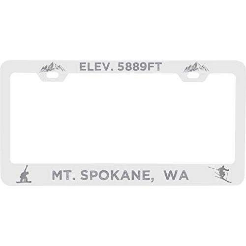 R and R Imports Mt. Spokane Washington Etched Metal License Plate Frame White Image 1