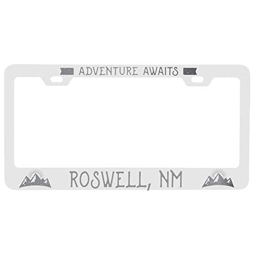 R and R Imports Roswell  Mexico Laser Engraved Metal License Plate Frame Adventures Awaits Design Image 1