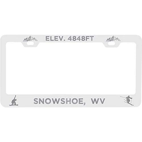R and R Imports Snowshoe West Virginia Etched Metal License Plate Frame White Image 1
