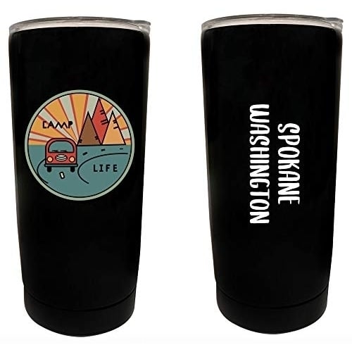 R and R Imports Spokane Washington Souvenir 16 oz Stainless Steel Insulated Tumbler Camp Life Design Black. Image 1