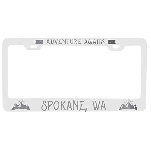 R and R Imports Spokane Washington Laser Engraved Metal License Plate Frame Adventures Awaits Design Image 1