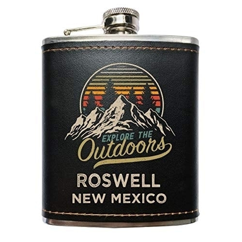 Roswell Mexico Explore the Outdoors Souvenir Black Leather Wrapped Stainless Steel 7 oz Flask Image 1