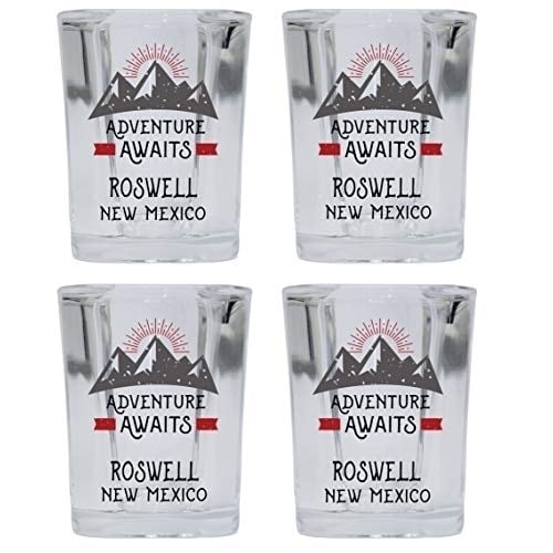 Roswell Mexico Souvenir 2 Ounce Square Base Liquor Shot Glass Adventure Awaits Design 4-Pack Image 1