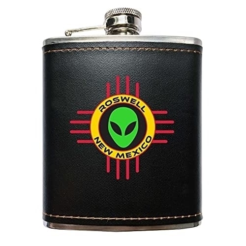 Roswell Mexico UFO Alien I Believe Souvenir Black Leather Wrapped Stainless Steel 7 oz Flask Image 1