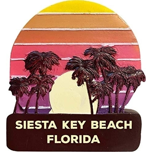 Siesta Key Beach Florida Trendy Souvenir Hand Painted Resin Refrigerator Magnet Sunset and Palm Trees Design 3-Inch Image 1