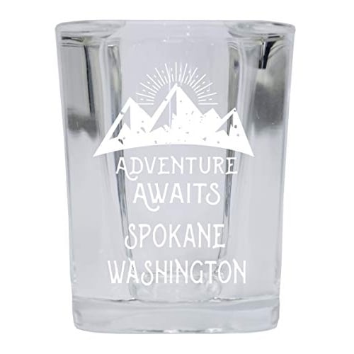 Spokane Washington Souvenir Laser Engraved 2 Ounce Square Base Liquor Shot Glass 4-Pack Adventure Awaits Design Image 1