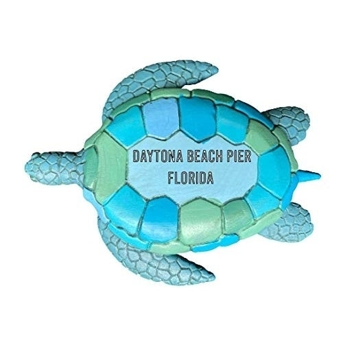 Daytona Beach Pier Florida Souvenir Hand Painted Resin Refrigerator Magnet Sunset and Green Turtle Design 3-Inch Image 1