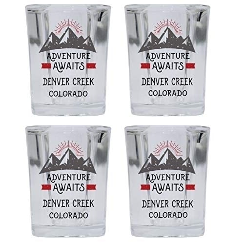 Denver Creek Colorado Souvenir 2 Ounce Square Base Liquor Shot Glass Adventure Awaits Design 4-Pack Image 1