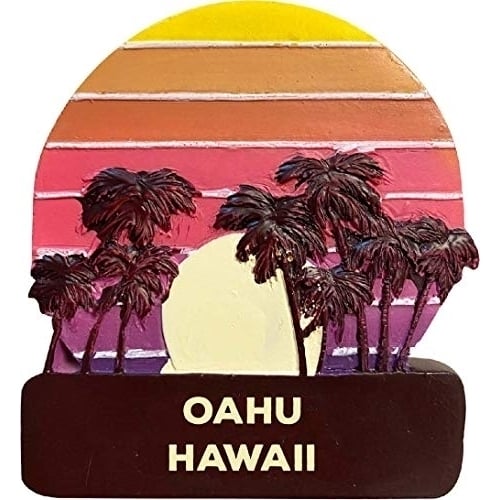 Oahu Hawaii Trendy Souvenir Hand Painted Resin Refrigerator Magnet Sunset and Palm Trees Design 3-Inch Approximately Image 1