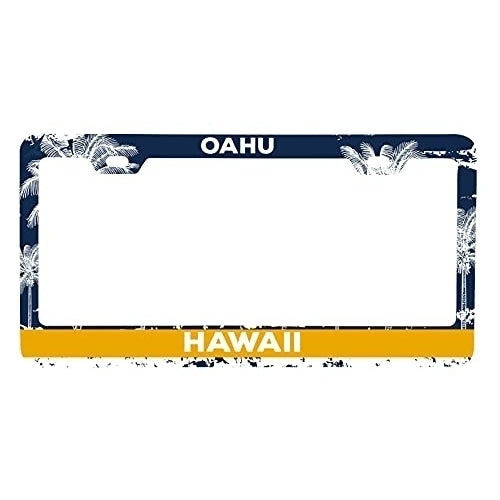 Oahu Hawaii Metal License Plate Frame Distressed Palm Design Image 1